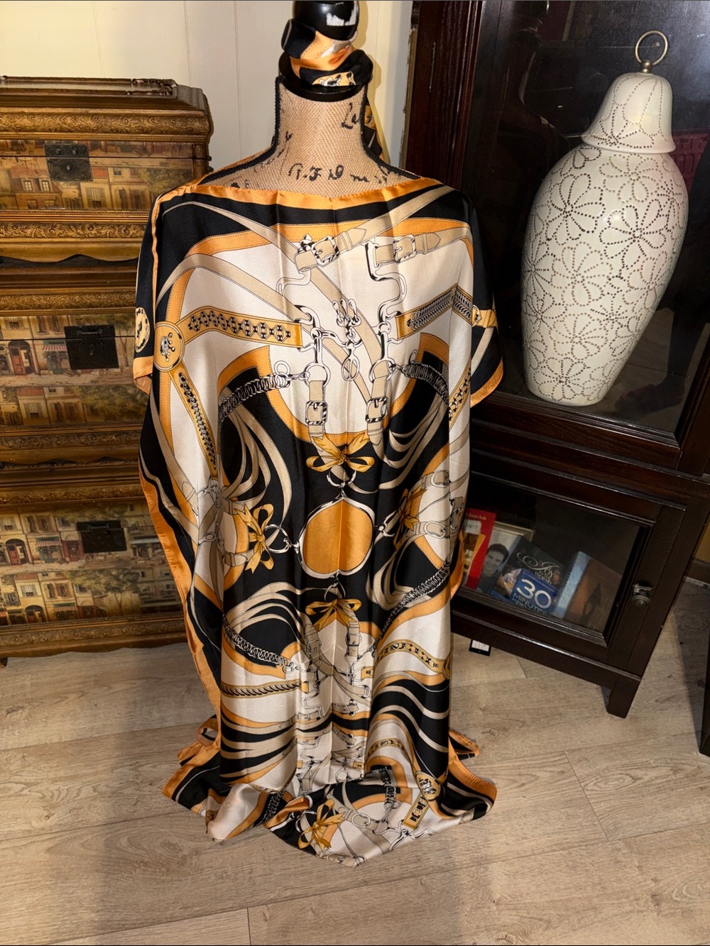 Silk-Feel Black and Gold Patterned Women's Wrap Scarf
